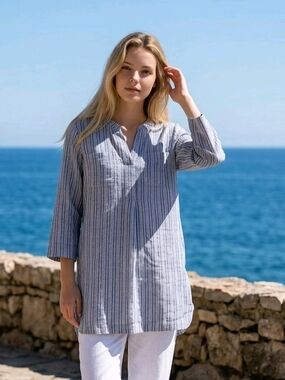 Pure Collection Linen 8-10 Tunic Blouse Blue w/White Stripes EUC
